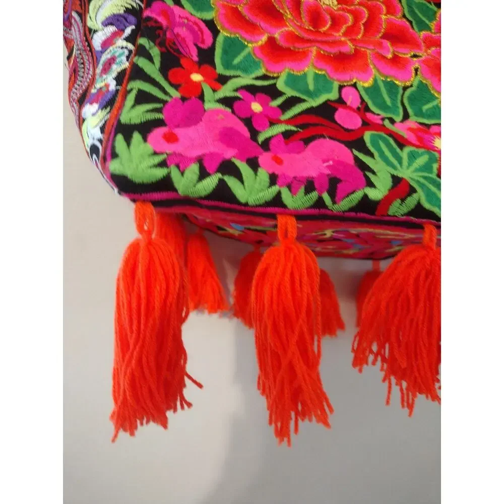 Embroidered Tote Bag Womens Large Multicolor Floral Tassel Boho Canvas Purse